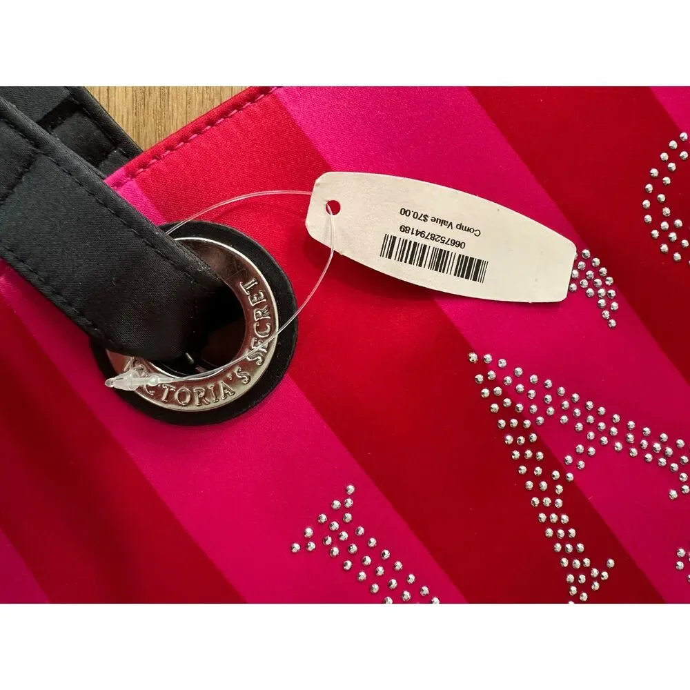 Victoria's Secret Pink Striped Tote Bag NWD Rhinestone Logo Satin Shoulder Bag
